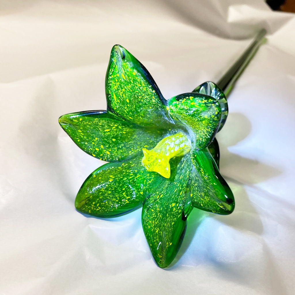 Hand Made- One -of-kind, Grass Green Lily Glass Flower.