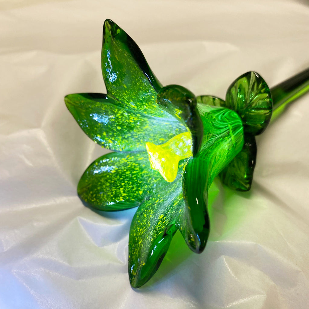 Hand Made- One -of-kind, Grass Green Lily Glass Flower.